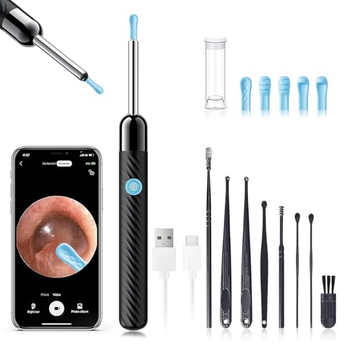 Ear Wax Removal - Earwax Remover Tool with 8 Pcs Ear Set - Ear Canal Cleaner with 1080P Camera - FSA HSA Eligible - Ear Cleaning Kit with 6 Ear Spoon - Ear Camera for iOS & Android (Black)|B09KZ8TS7L